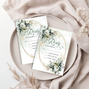 Dusty Green Foliage Botanical Green Gold Wedding  RSVP Card