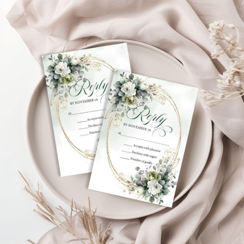 Dusty Green Foliage Botanical Green Gold Wedding  RSVP Card