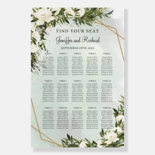 Dusty green foliage white roses gold frame Seating Foam Board