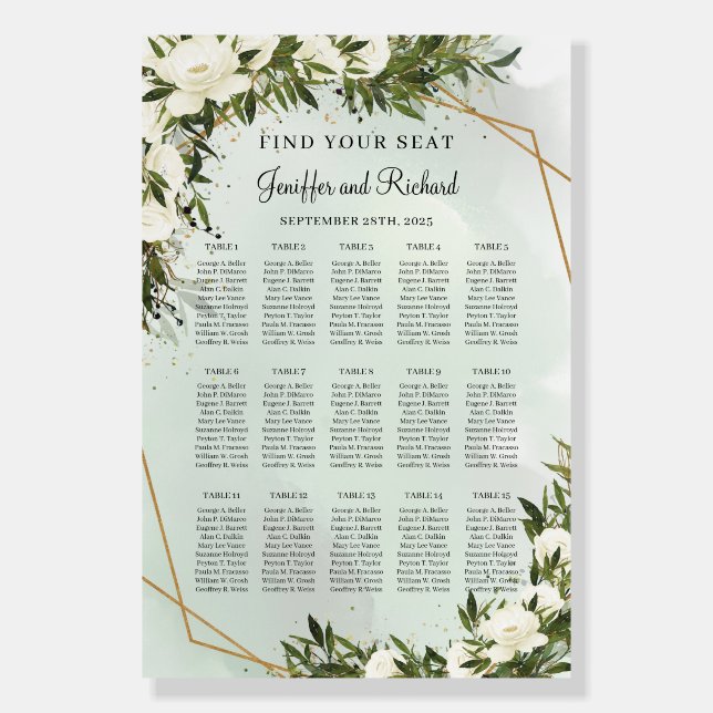 Dusty green foliage white roses gold frame Seating Foam Board (Front)