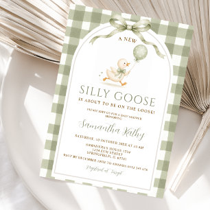 Dusty Green Gingham New Silly Goose Baby Shower Invitation