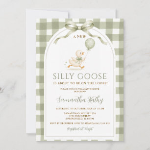 Dusty Green Gingham New Silly Goose Baby Shower Invitation
