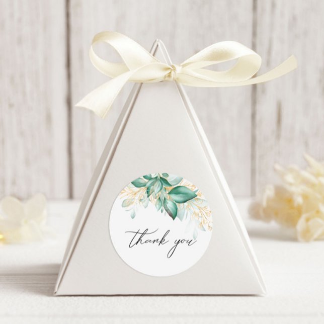 Dusty Green Gold Eucalyptus Greenery Thank You Classic Round Sticker (Creator Uploaded)