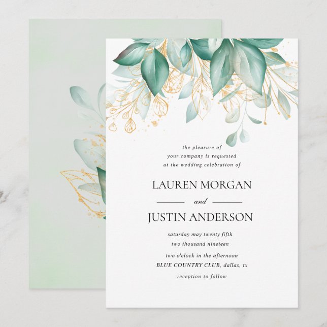 dusty green gold eucalyptus greenery wedding invitation (Front/Back)