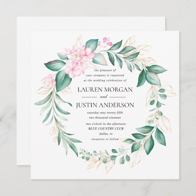 dusty green gold eucalyptus greenery wedding invitation (Front/Back)