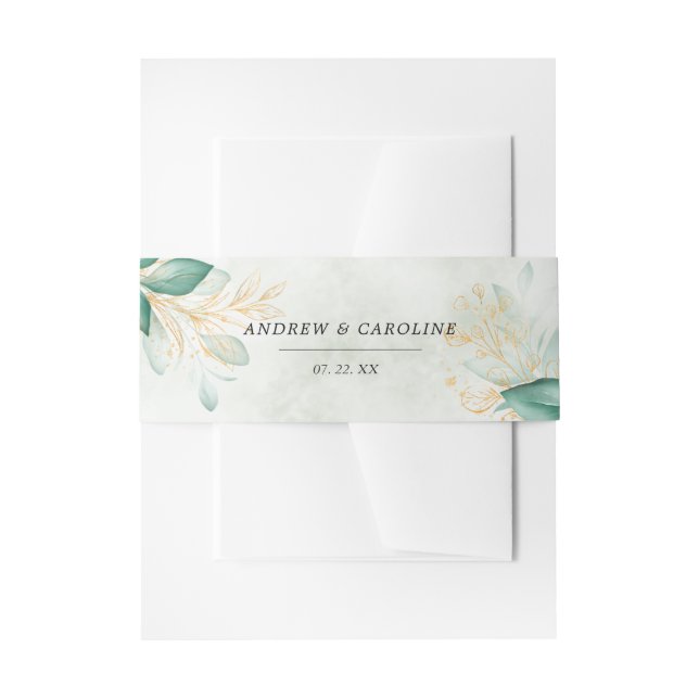 dusty green gold eucalyptus greenery wedding invitation belly band (Front Example)