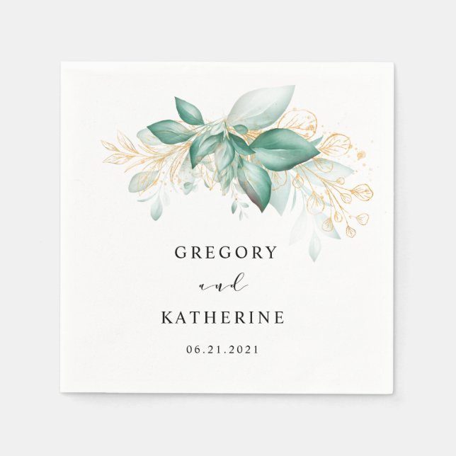 dusty green gold eucalyptus greenery wedding napkins (Front)