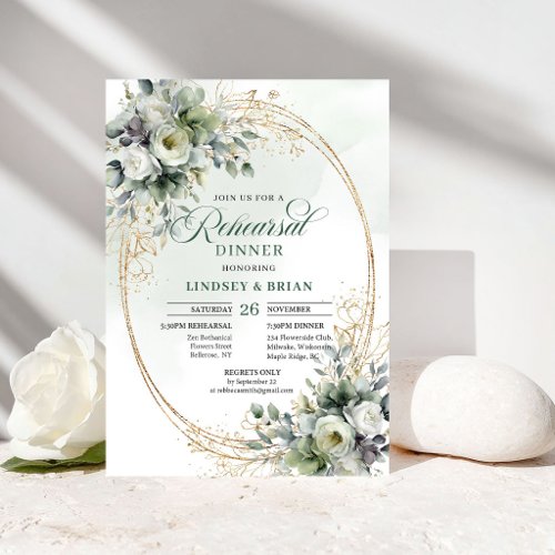 Dusty Green Gold Foliage Rehearsal Dinner Invite