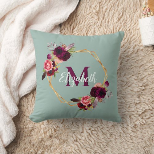 Dusty green gold geometric flowers monogram throw pillow