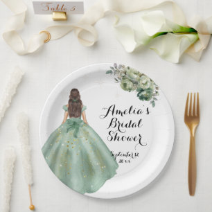 Dusty Green Gold Glitter Dress Bridal Shower Paper Plates