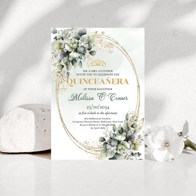 Dusty Green Greenery Quinceañera Boho Invitation (Dusty Green Greenery Quinceañera Boho Invitation)