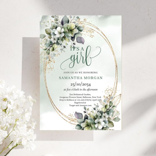 Dusty Green Greenery Style It’s A Girl Invitation