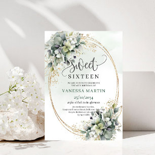 Dusty Green Greenery Sweet Sixteen Boho Invitation