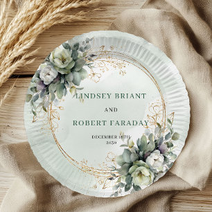 Dusty Green Greenery Watercolor Wedding Paper Plat Plates