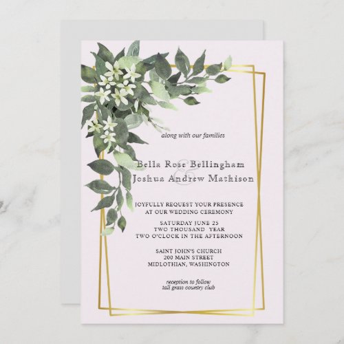 Dusty Green Leaves with White Flowers Invitation