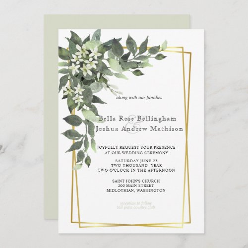 Dusty Green Leaves with White Flowers Invitation