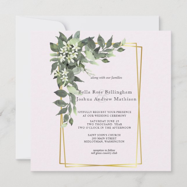 Dusty Green Leaves with White Flowers Invitation (Front)