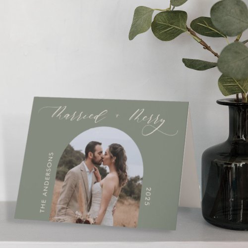 Dusty Green Merry Married Photo Wedding Christmas Holiday Card
