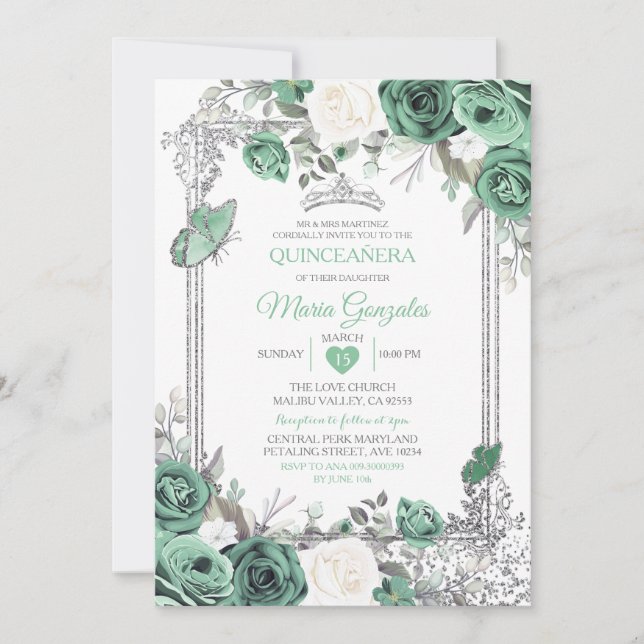 Dusty Green Mexican Charra Mis Quince Butterfly Invitation (Front)