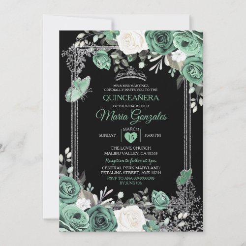 Dusty Green Mexican Charra Mis Quince Butterfly Invitation