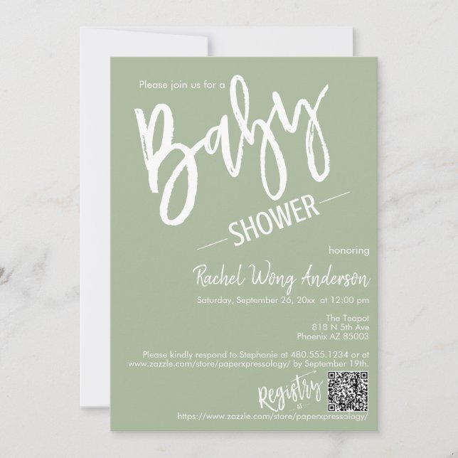 Dusty Green Minimal Script Baby Shower QR Code Invitation (Front)