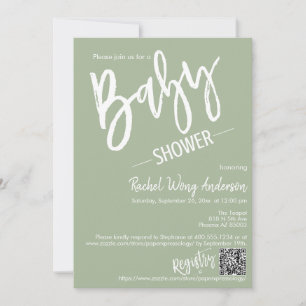 Dusty Green Minimal Script Baby Shower QR Code Invitation