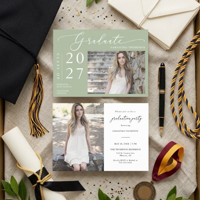 Dusty Green Minimal Script School Graduation Photo Invitation (Creator Uploaded)