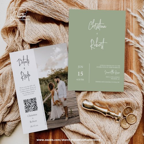 Dusty Green Minimalist Boho Wedding Photo QR Code Invitation