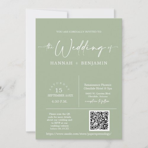 Dusty Green Minimalist Wedding Arch QR Code Photo Invitation