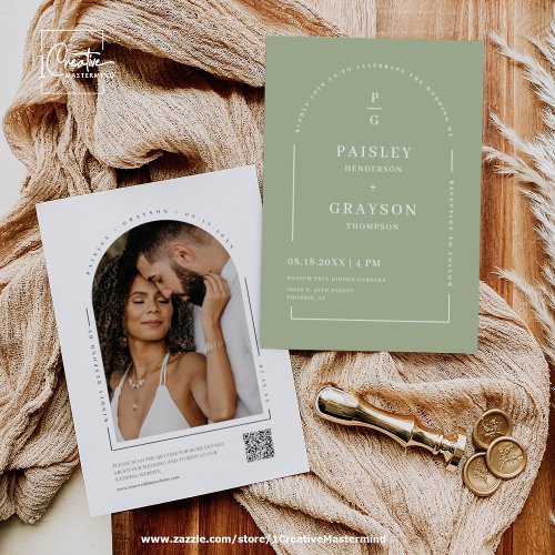 Dusty Green Modern Boho Arch Photo Initial QR Code Invitation