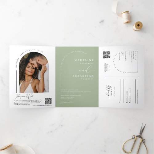 Dusty Green Modern Boho Arch Photo QR Code Wedding Tri_Fold Invitation