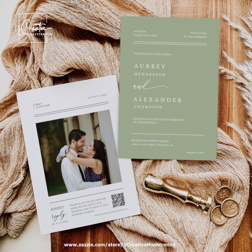 Dusty Green Modern Minimal Wedding QR Code Photo I Invitation