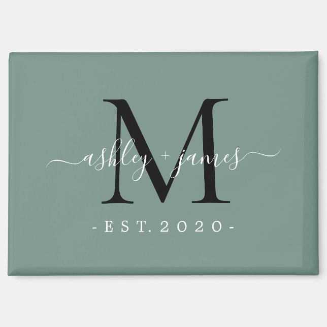 Dusty Green Modern Script Monogram Names Year Magnet (Front)