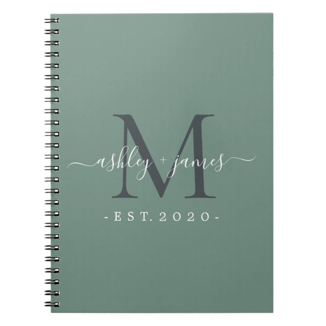 Dusty Green Monogram Names Established Year  Notebook (Front)