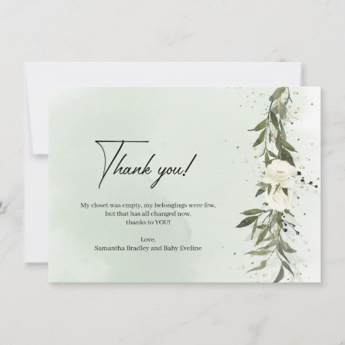 Dusty green olive foliage Greenery white roses Thank You Card