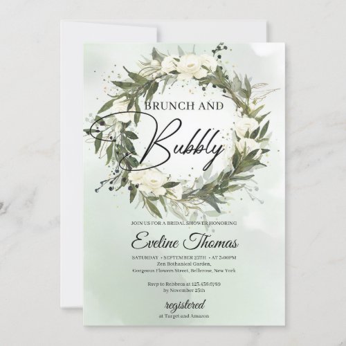 Dusty green olive wreath floral brunch and bubbly invitation