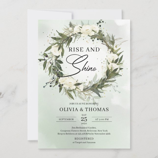 Dusty green olive wreath floral rise and shine  invitation (Front)