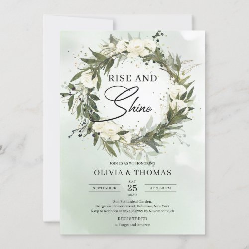 Dusty green olive wreath floral rise and shine  invitation