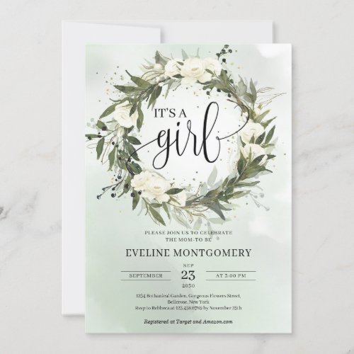 Dusty Green Olive Wreath White Roses Its a girl Invitation