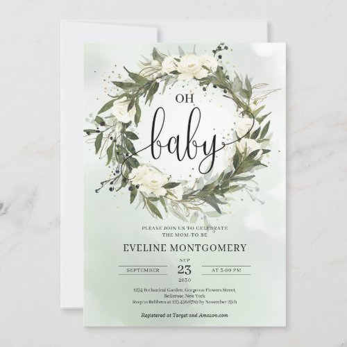 Dusty Green Olive Wreath White Roses Oh Baby Invitation