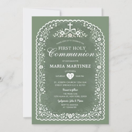 Dusty Green Papel Picado First Holy Communion Invitation