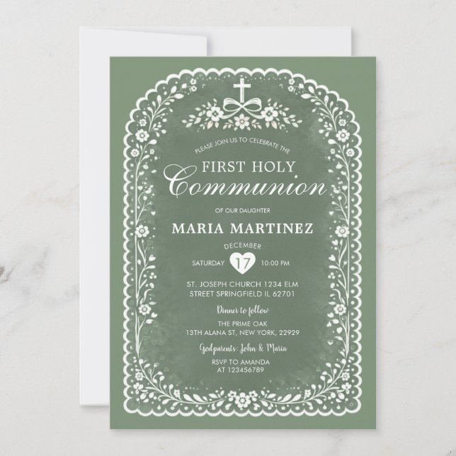 Dusty Green Papel Picado First Holy Communion Invitation (Front)