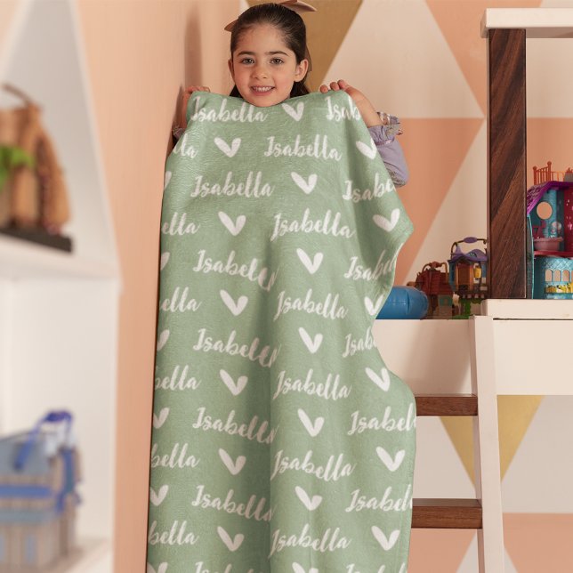 Dusty Green Personalized Name Blanket with Hearts (Creator Uploaded)