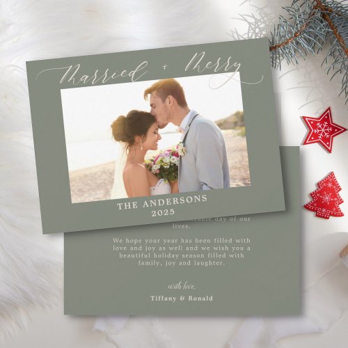 Dusty Green Photo Merry Married Wedding Christmas  Thank You Card