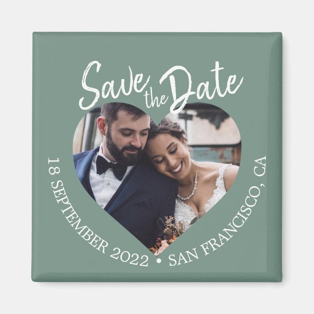 Dusty Green Photo Modern Script Save the Date Magnet (Front)