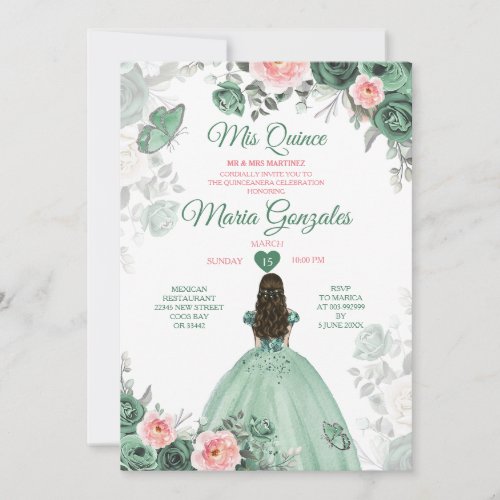 Dusty Green Pink Mis Quince 15 Anos Crown Invitation