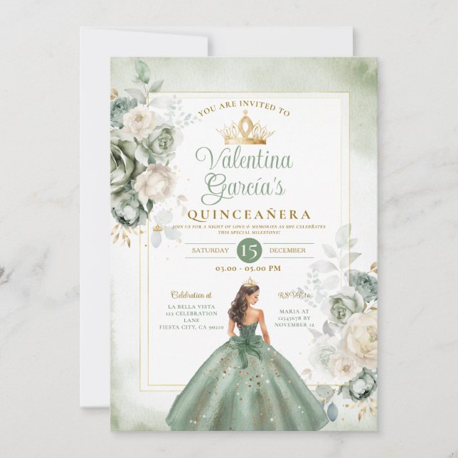 Dusty Green Quinceañera 15 Anos Gold Crown Invitation (Front)