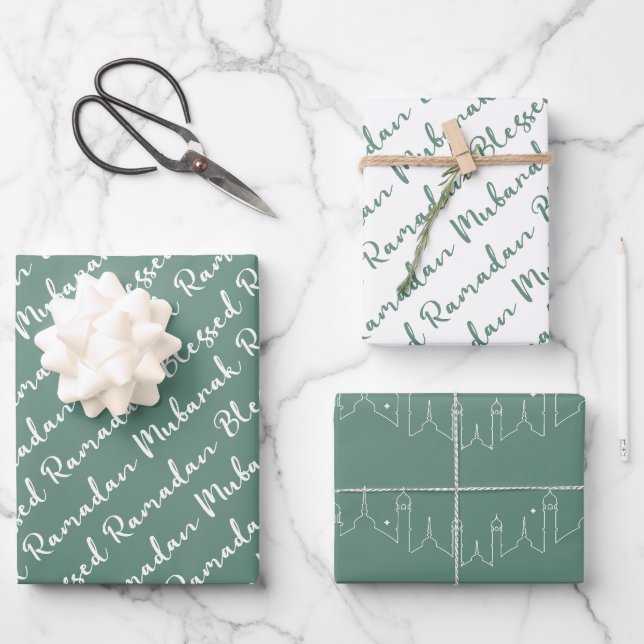 Dusty Green Ramadan Calligraphy Masjid Pattern Wrapping Paper Sheets (Front)