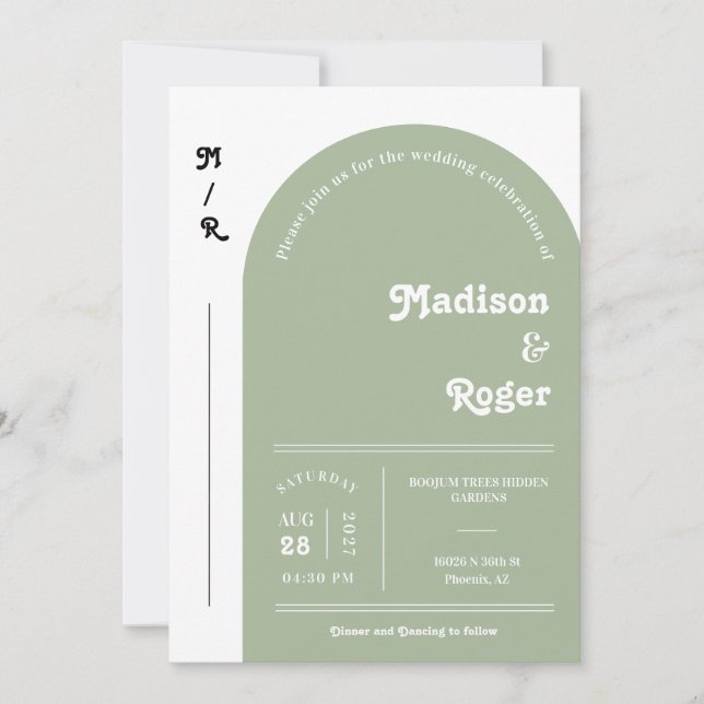 Dusty Green Retro Arch Photo QR Code RSVP Groovy Invitation (Front)