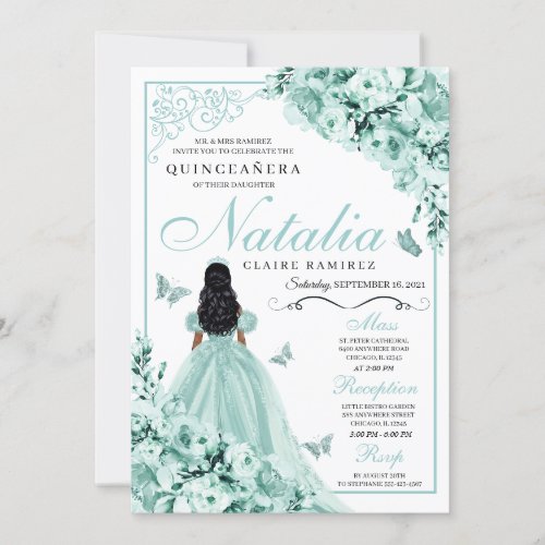 Dusty Green Roses Princess Dress Quinceanera Invitation